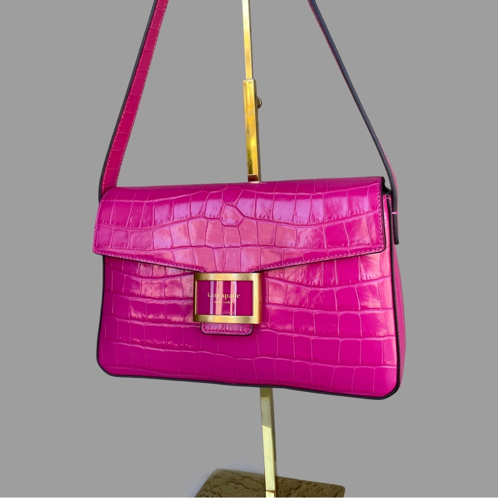 KATE SPADE Hot Pink Glossy Croc Embossed Leather Katy Medium Flap Shoulder Bag
